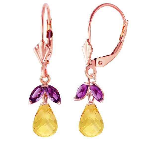 14K. GOLD LEVERBACK EARRING W CITRINES & AMETHYST - Picture 2 of 4